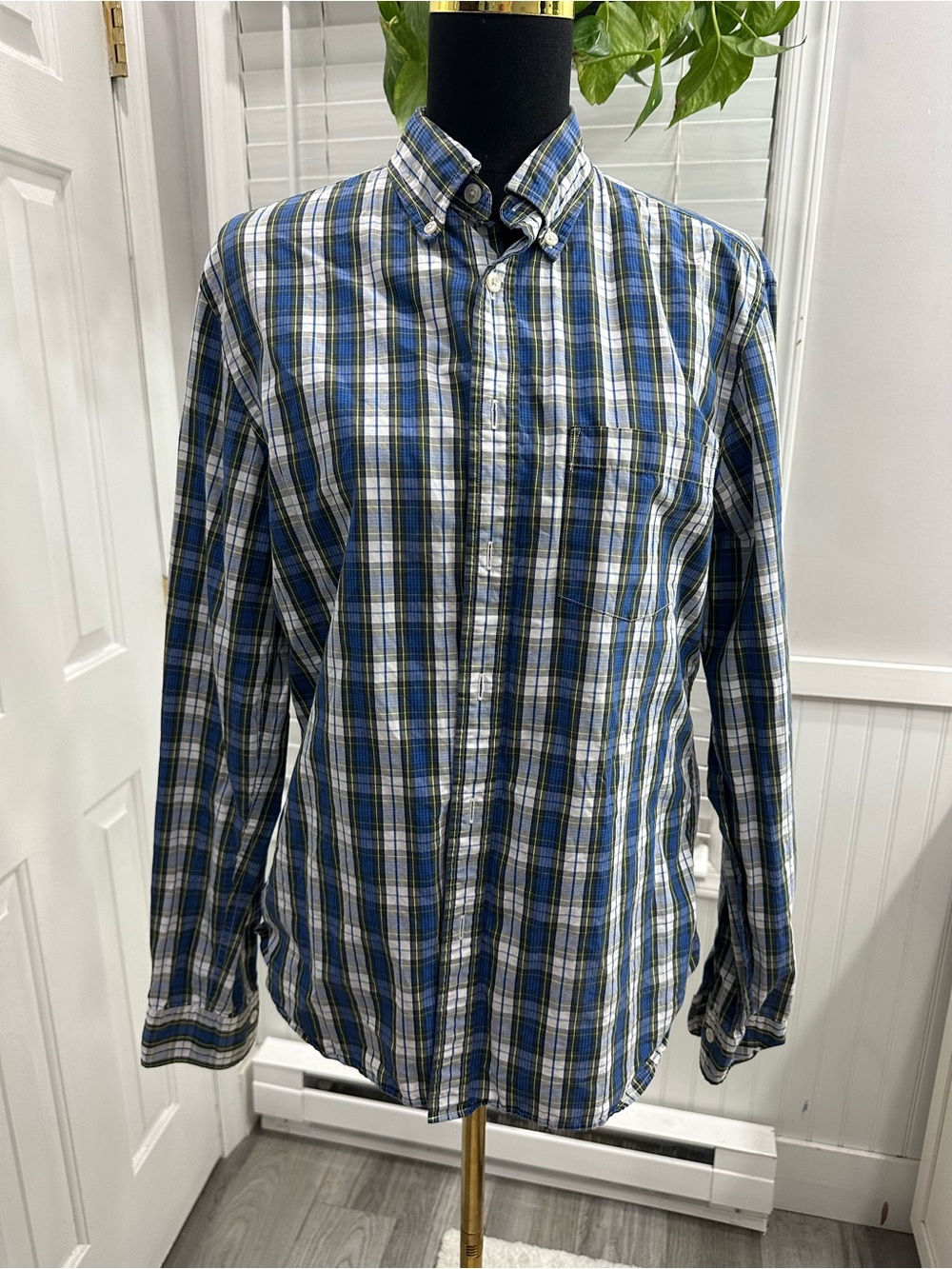 Brooks Brothers Blue, White & Green Plaid Button-Down Shirt